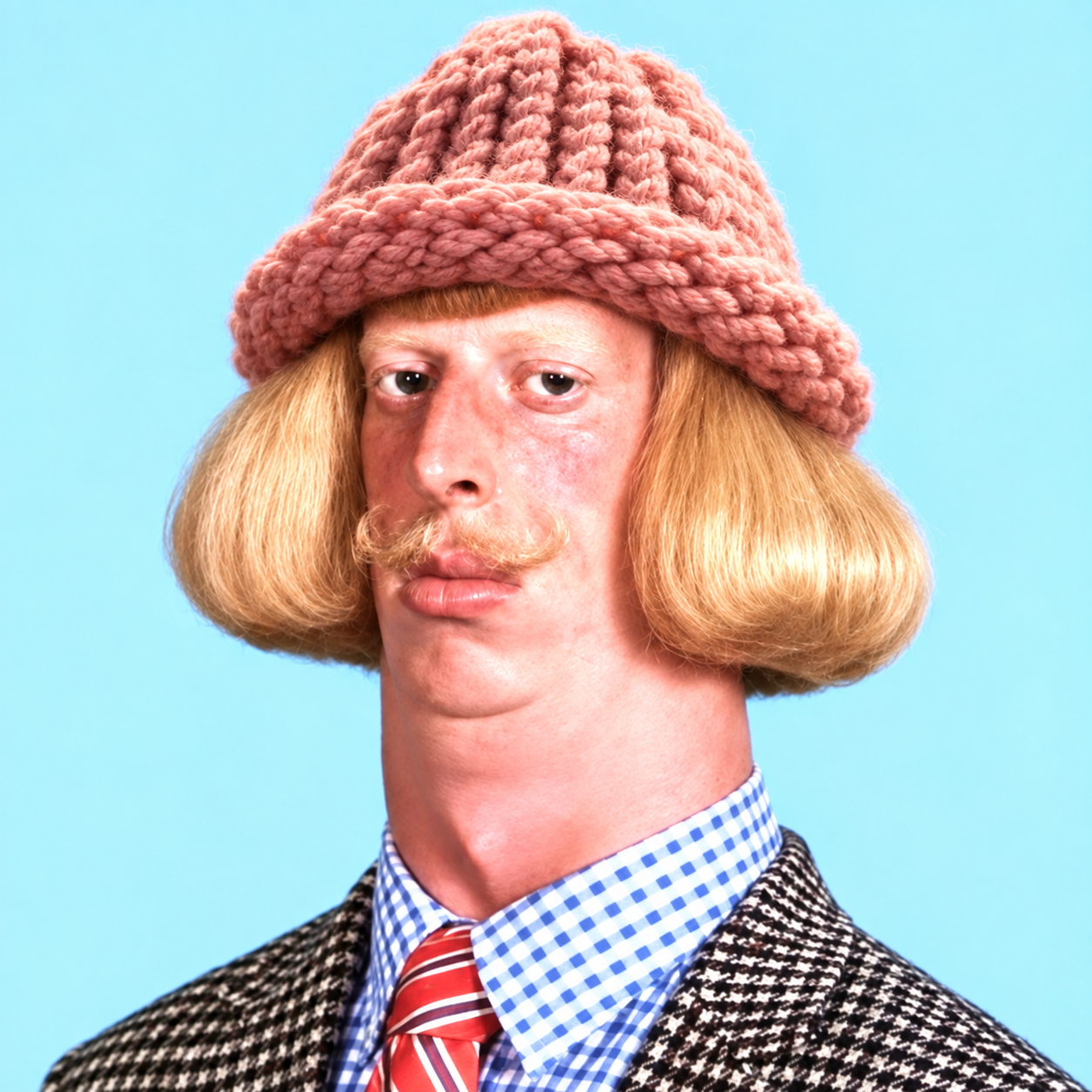 WifPhil character wearing a pink knit hat and suit
